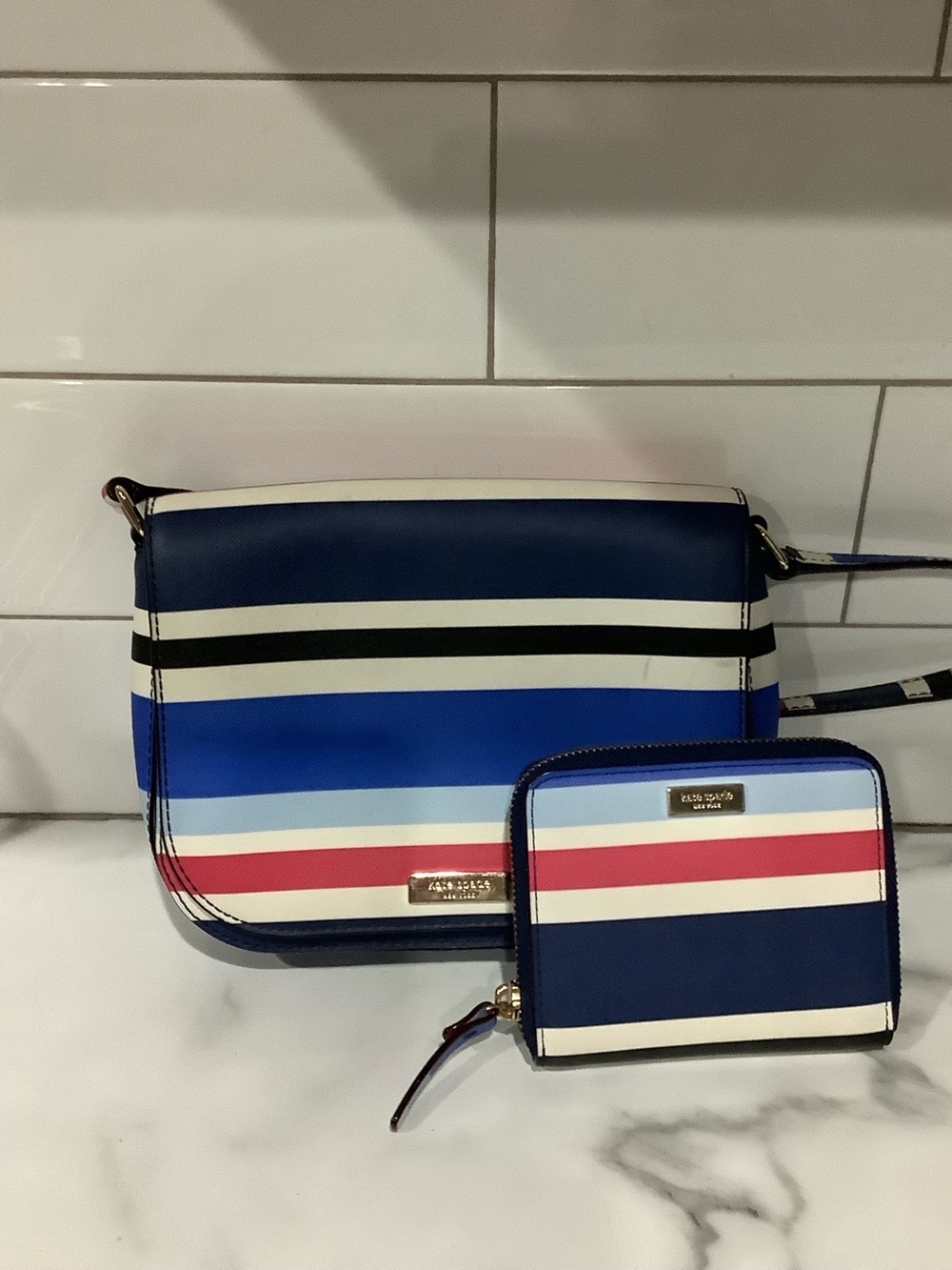 kate spade Navy, Blue, White & Pink Stripe Crossbody with Navy Zip Wallet